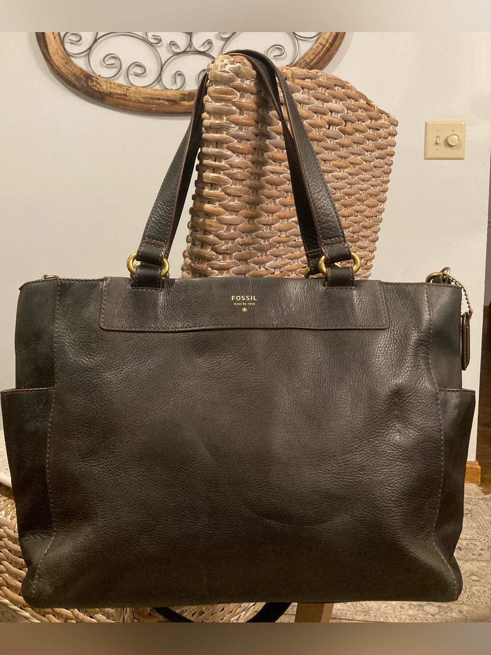 VTG Fossil Black Pebbled Leather Double Handle Satchel Crossbody Bag